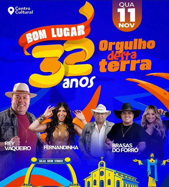 Cartaz da programação dos 32 anos de Bom Lugar, com as atrações anunciadas para 11 de novembro.